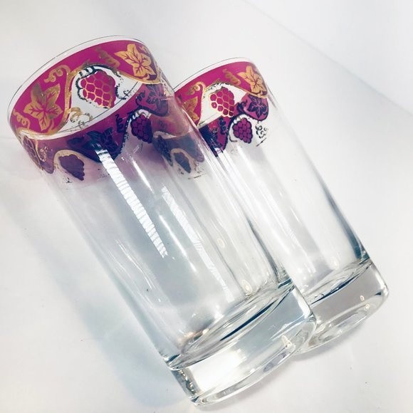 MCM Highball Glasses Set of 2 Gilt Edge Cranberry Flashed Grape Cluster Barware - Picture 7 of 8